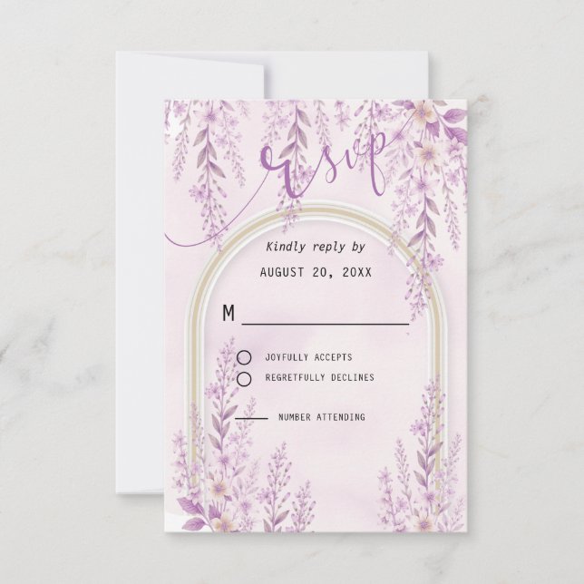 Cartão RSVP Casamento Floral Lavanda Bege Sofisticado  (Frente)