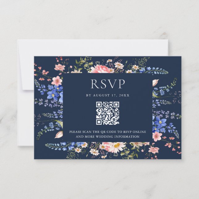 Cartão RSVP Casamento Floral marinho Azul (Frente)