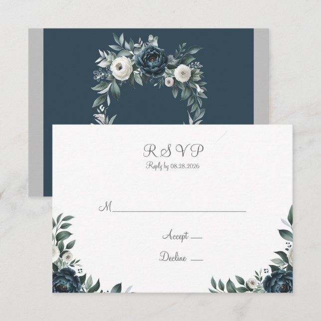 Cartão RSVP Casamento Floral marinho Azul e Prata (Frente/Verso)