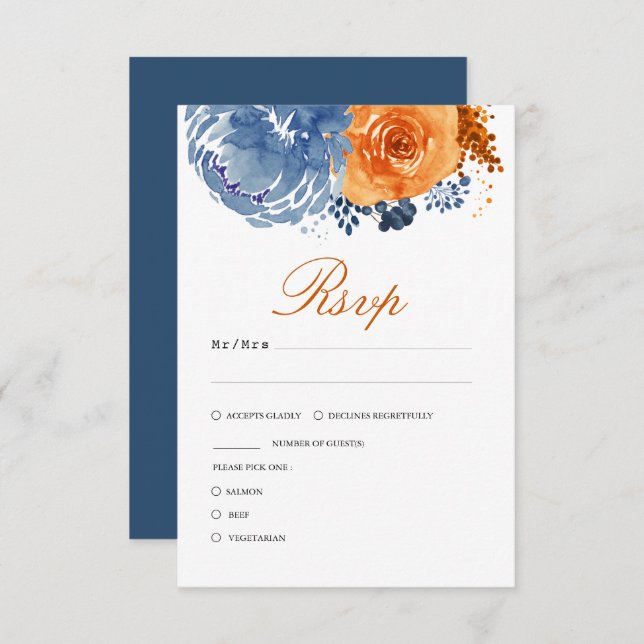 Cartão RSVP Casamento Floral marinho Azul Laranja Queimado Que (Frente/Verso)