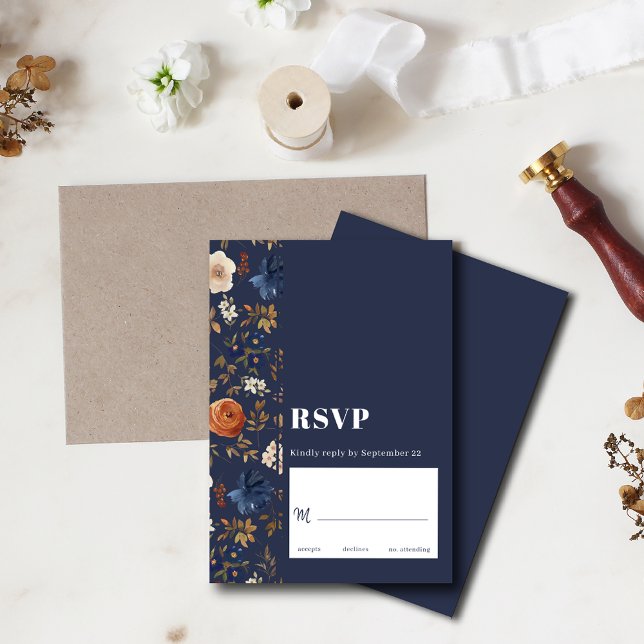 Cartão RSVP Casamento Floral marinho Azul Pó Escuro Boho (Criador carregado)