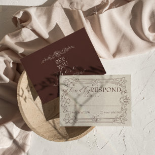 Cartão RSVP Casamento Floral Marrom Chocolate Clássico com Est
