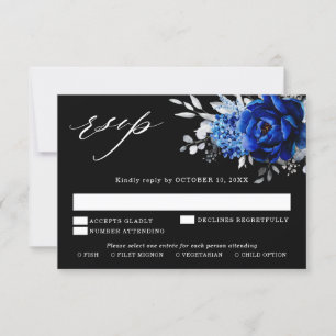 Cartão RSVP Casamento Floral Metálico Azul Real Branco Prata R