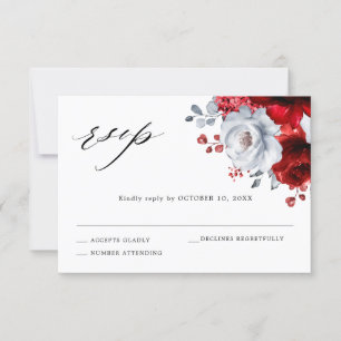 Cartão RSVP Casamento Floral Metálico Prata Branco Vermelho Re