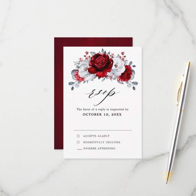 Cartão RSVP Casamento Floral Metálico Prata Branco Vermelho Re (Frente/Verso In Situ)