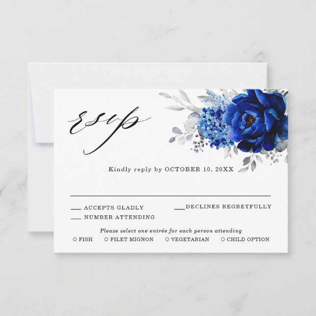 Cartão RSVP Casamento Floral Metálico Real Blue Silver (Frente)
