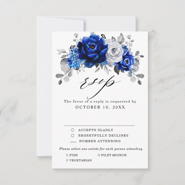 Cartão RSVP Casamento Floral Metálico Real Blue Silver (Frente)