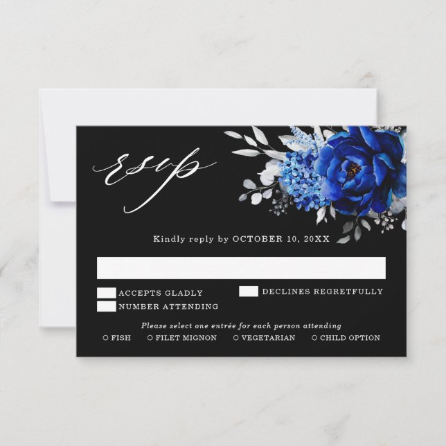 Cartão RSVP Casamento Floral Metálico Real Blue Silver White R (Frente)
