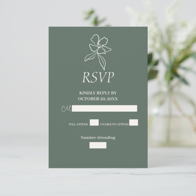 Cartão RSVP Casamento Floral Mínimo Verde Florestal (Em pé/Frente)