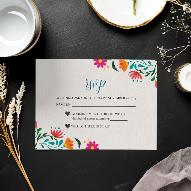 Cartão RSVP Casamento Floral Moderno Boda Mexicano Fiesta Colo (Mexican Fiesta Colorful Floral Modern Boda Wedding RSVP Card)