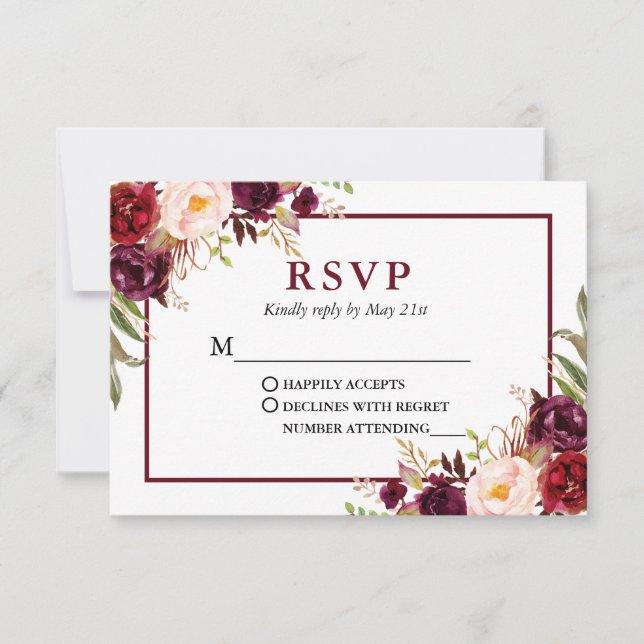 Cartão RSVP Casamento Floral Moderno Burgundy (Frente)