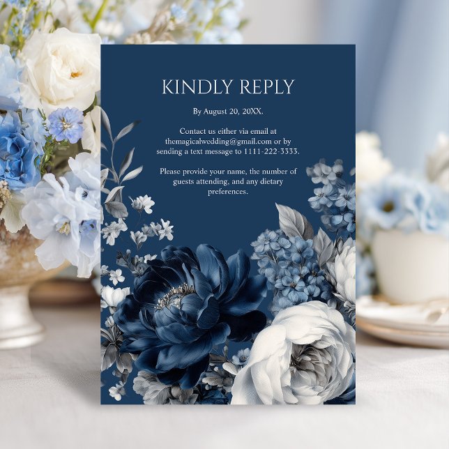 Cartão RSVP Casamento Floral Moderno de Blues e Cinzas (Modern Blues & Gray Floral Wedding RSVP Card)