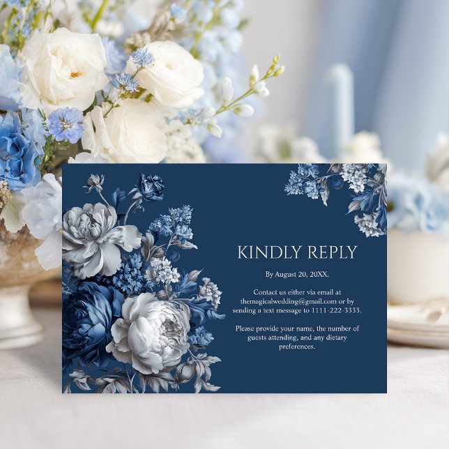 Cartão RSVP Casamento Floral Moderno de Blues e Cinzas (Modern Blues & Gray Floral Wedding RSVP Card)