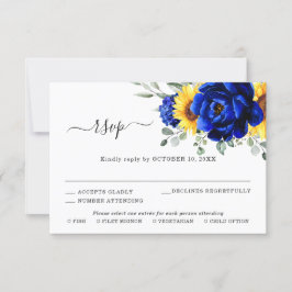 Cartão RSVP Casamento Floral Moderno de Girassol Azul Real Rús