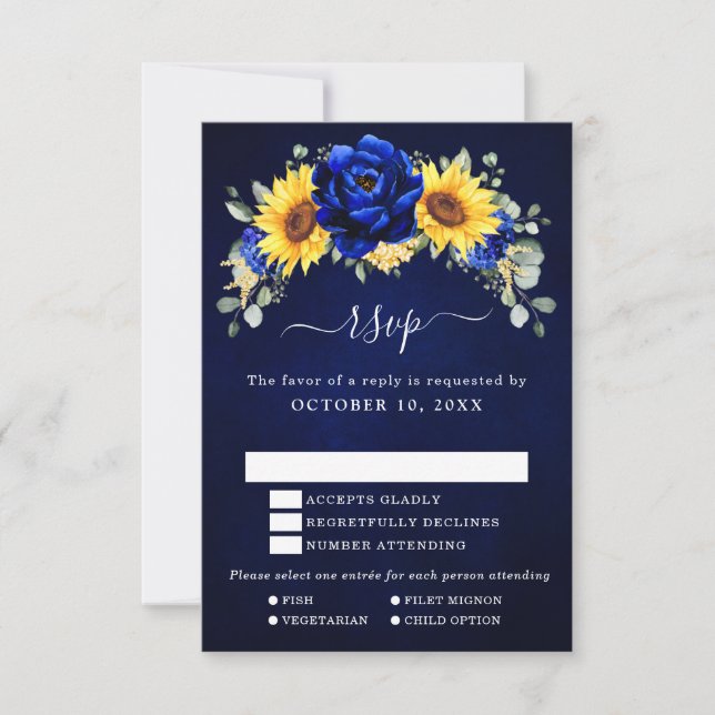 Cartão RSVP Casamento Floral Moderno de Girassol Azul Real Rús (Frente)