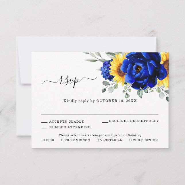 Cartão RSVP Casamento Floral Moderno de Girassol Rústico Azul  (Frente)