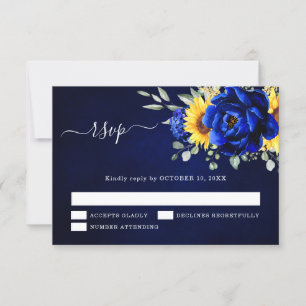 Cartão RSVP Casamento Floral Moderno de Girassol Rústico Azul 