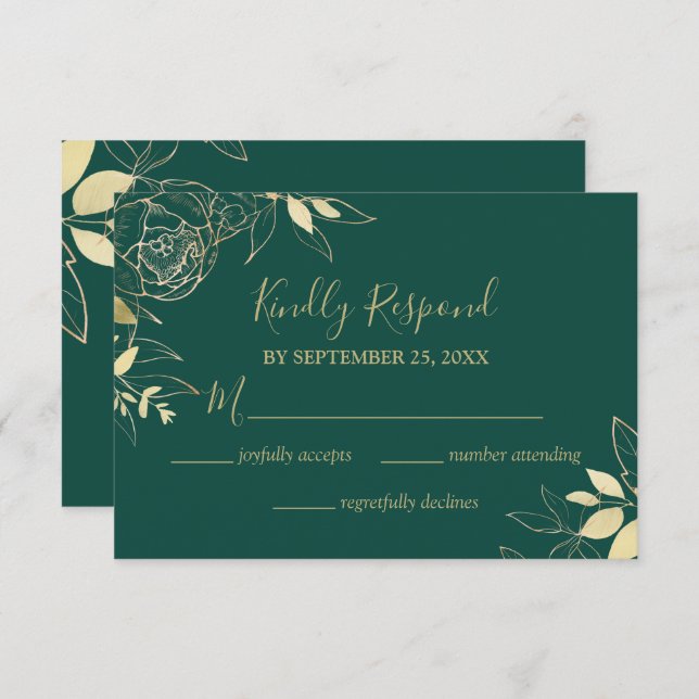 Cartão RSVP Casamento Floral Moderno de Peony Moderno Emerald  (Frente/Verso)