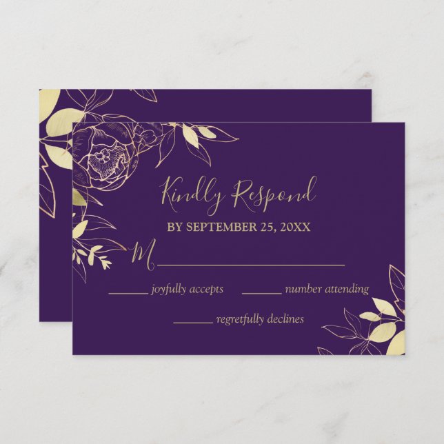 Cartão RSVP Casamento Floral Moderno de Púrpura e Dourada (Frente/Verso)