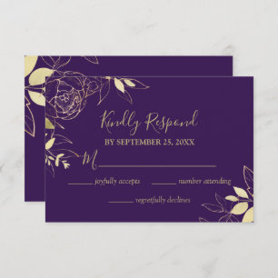 Cartão RSVP Casamento Floral Moderno de Púrpura e Dourada