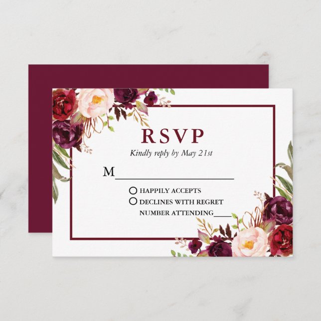 Cartão RSVP Casamento Floral Moderno Elegante Burgundy (Frente/Verso)