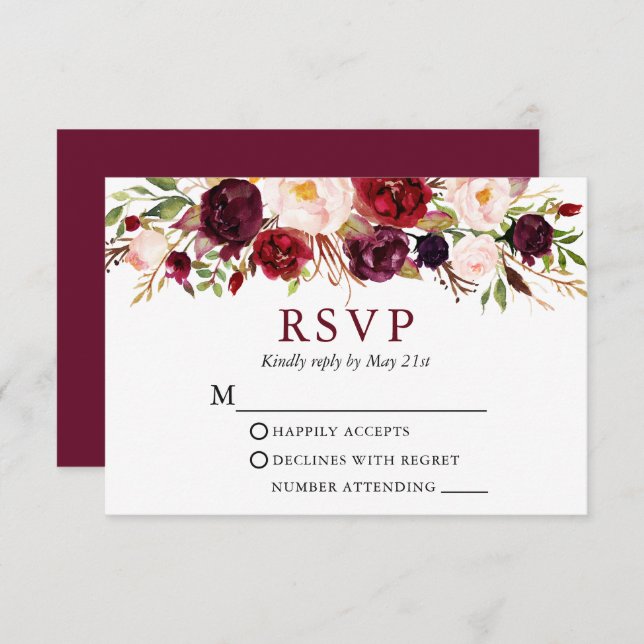 Cartão RSVP Casamento Floral Moderno Elegante Da Aquarela Burg (Frente/Verso)