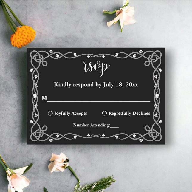Cartão RSVP Casamento Floral Moderno Mínimo Preto-Chic E Branc (Criador carregado)