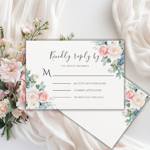 Cartão RSVP Casamento Floral Moderno Rosa e Azul