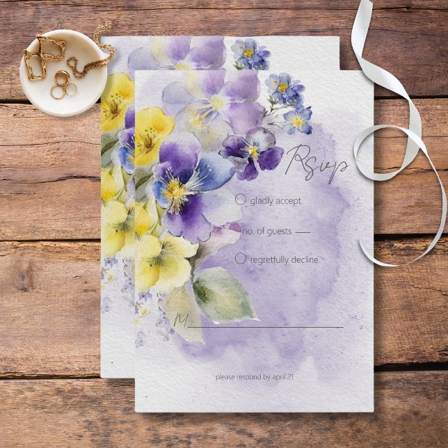Cartão RSVP Casamento Floral Moderno Roxo e Amarelo Sem Janta (Criador carregado)