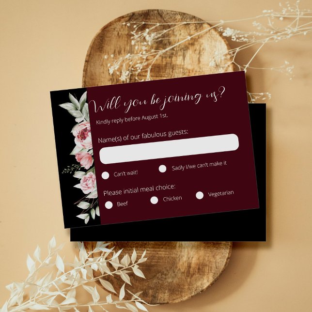 Cartão RSVP Casamento Floral Moody Burgundy Dark (Criador carregado)