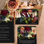 Cartão RSVP Casamento Floral Moody Burgundy e Black Winter<br><div class="desc">Coleção de Casamento Floral Moody Burgundy, uma fusão cativante de matizes profundos e ricos. Com opções em marinho azul, esmeralda e variações góticas em preto, esta coleção é uma combinação perfeita para qualquer tema de casamento em tom de joia. De convites encantadores a papelaria coordenada, nossos designs capturam a essência...</div>