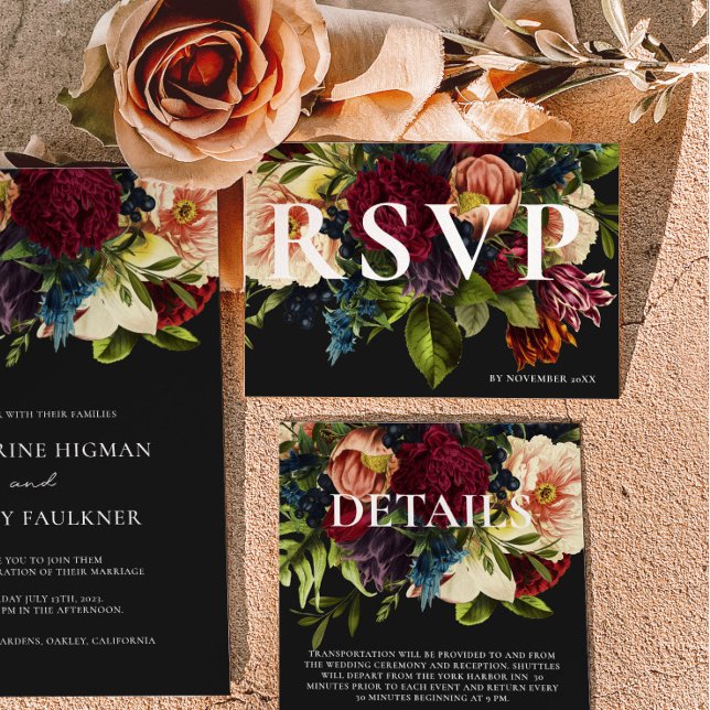 Cartão RSVP Casamento Floral Moody Burgundy e Black Winter (Criador carregado)