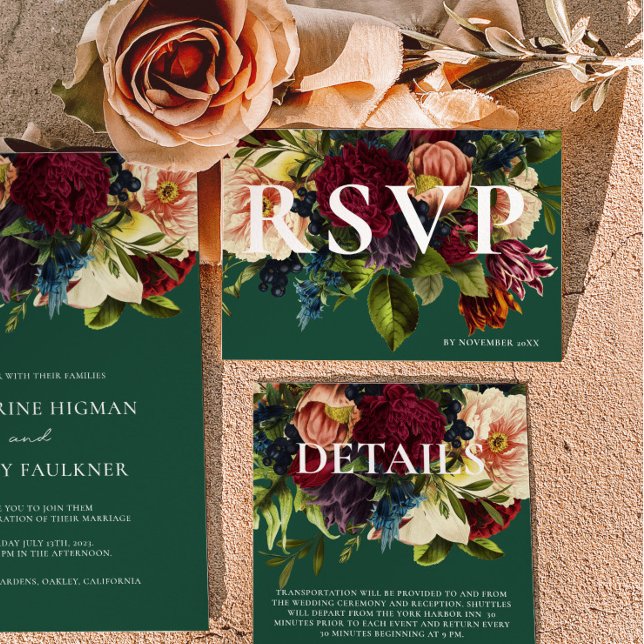 Cartão RSVP Casamento Floral Moody Burgundy Emerald Winter (Criador carregado)