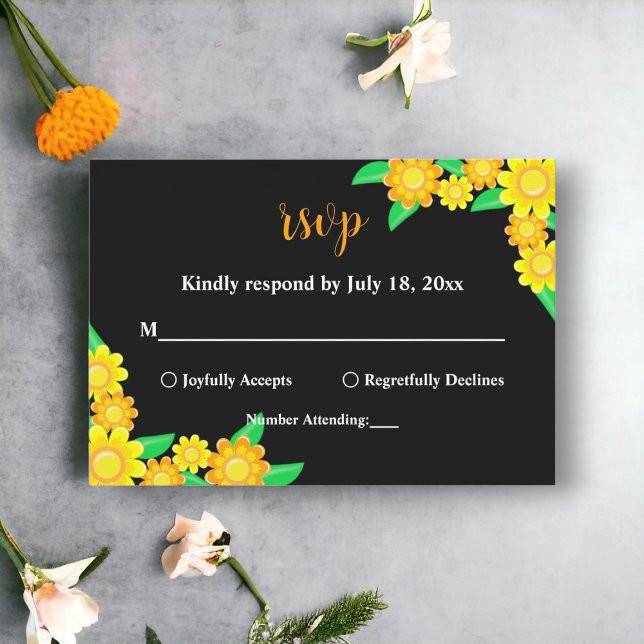 Cartão RSVP Casamento Floral Negra-Preto, Russo de Girassol-So (Criador carregado)