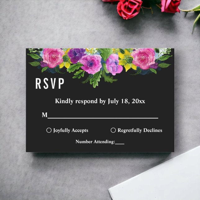 Cartão RSVP Casamento Floral Negro do Jardim Botânico Elegante (Criador carregado)