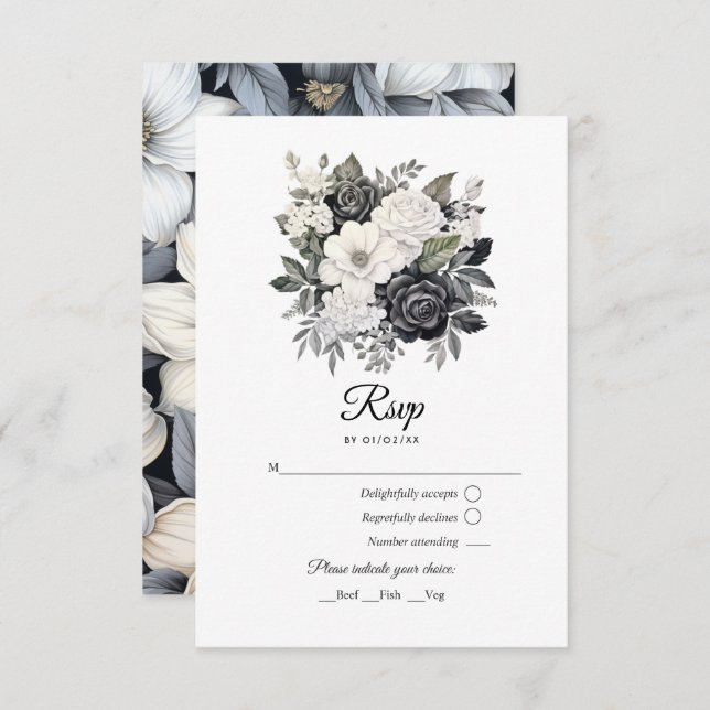 Cartão RSVP Casamento Floral Negro e Branco (Frente/Verso)