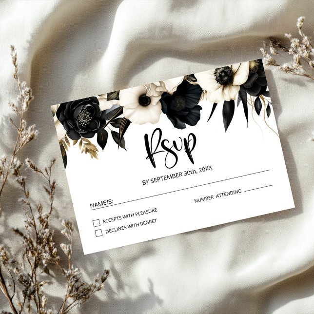 Cartão RSVP Casamento Floral Negro e Branco (Criador carregado)