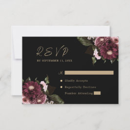 Cartão RSVP Casamento Floral Negro Elegante