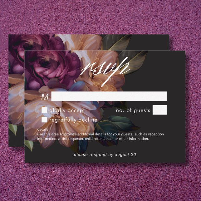 Cartão RSVP Casamento Floral Negro Elegante Sem Janta (Elegant Black Moody Floral Wedding No Dinner RSVP Card)