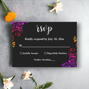 Cartão RSVP Casamento Floral Neon, Ornamentado Branco E Preto
