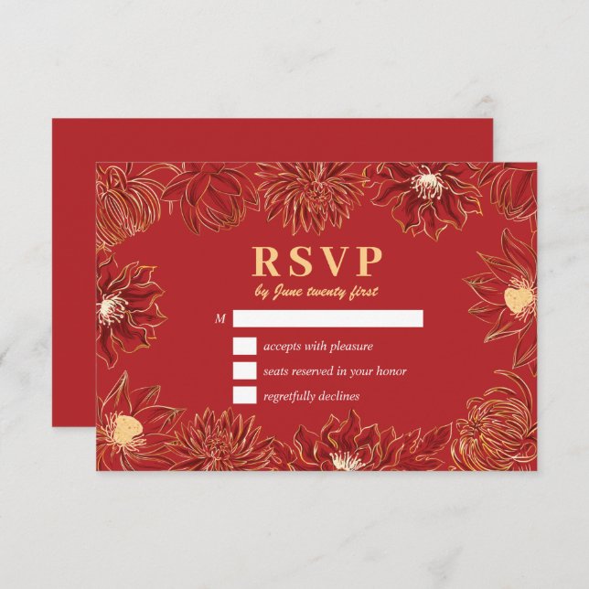 Cartão RSVP Casamento Floral Oriental com Flor Waterlily Red L (Frente/Verso)
