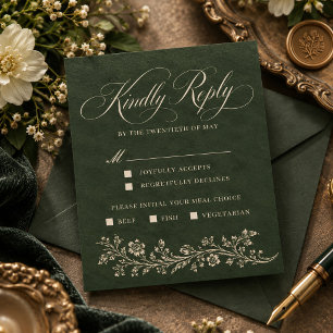Cartão RSVP Casamento Floral Ornate Verde Floresta Vintage