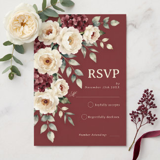 Cartão RSVP Casamento Floral Outono Burgundy Cream Moody