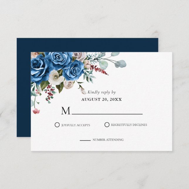 Cartão RSVP Casamento Floral Pintado Pintor Azul marinho (Frente/Verso)