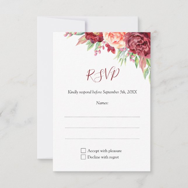 Cartão RSVP Casamento Floral por Aquarela Rosa de Burgundy (Frente)