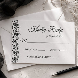 Cartão RSVP Casamento Floral Preto e Branco