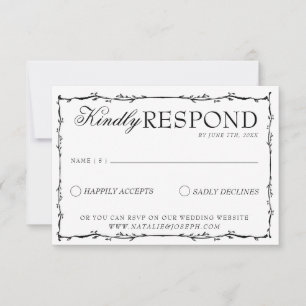 Cartão RSVP Casamento Floral Preto e Branco Clássico Boho Chiq