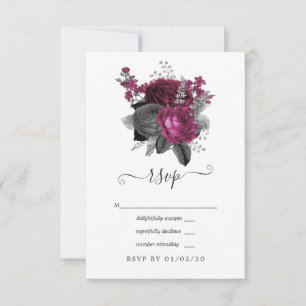 Cartão RSVP Casamento Floral Preto e Marsala Prateado