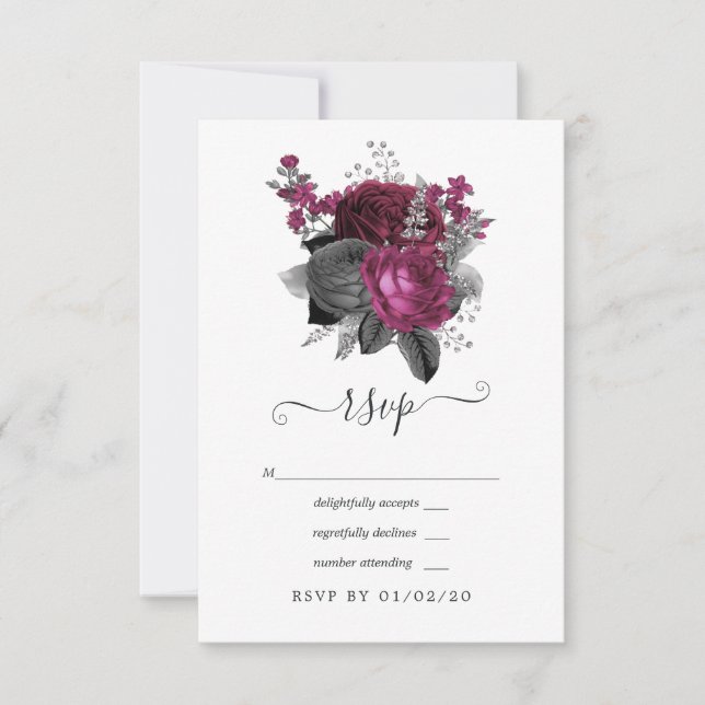 Cartão RSVP Casamento Floral Preto e Prata Marsala (Frente)