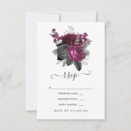 Cartão RSVP Casamento Floral Preto e Prata Marsala